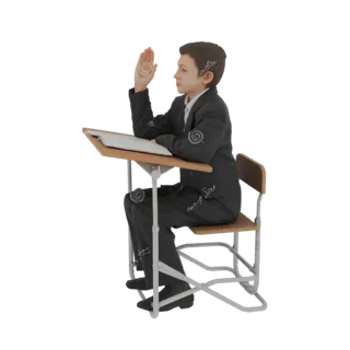 3D модель молодого студента в темном костюме, сидящего за деревянной школьной партой, с поднятой правой рукой.