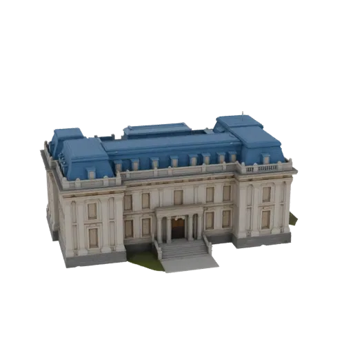 3D модель усадьбы Ленинские Горки с синей крышей, вид спереди и немного сбоку, на черном фоне
