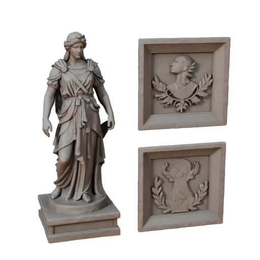 3D-модель Статуи Садового Стража STL для печати, вид в три четверти, постамент и детали скульптуры