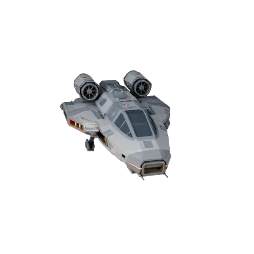 Низкополигональная 3D-модель космического корабля, вид в игровом окне в три четверти, с светящимися полосами, четким силуэтом
