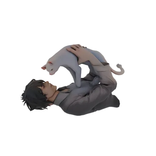 3D модель мужчины, лежащего и нежно держащего белую кошку на руках, смотрящих друг на друга.