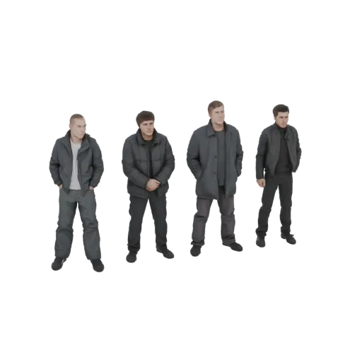Превью 3D модели четырех мужчин, стоящих вместе в повседневных зимних пальто и брюках, на черном фоне.