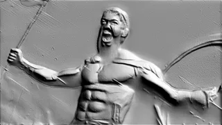 3D модель барельефа "Крик воина" с поднятым оружием, демонстрирующая мускулистое тело и яростное выражение лица.