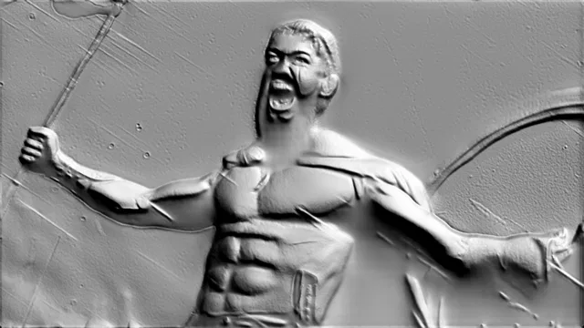 3D модель барельефа "Крик воина" с поднятым оружием, демонстрирующая мускулистое тело и яростное выражение лица.