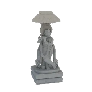 3D модель статуи Господа Кришны, играющего на флейте под навесом, похожим на листья, стоящего на основании из книг.