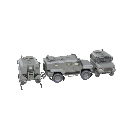 3D модель военного грузового конвоя с прицепом, включающая основной грузовик, меньший вспомогательный автомобиль и буксируемы