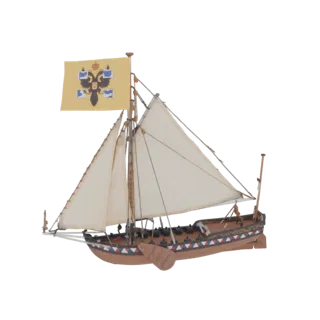 3D модель русской императорской яхты XVIII века со свернутыми парусами и развевающимся Императорским Российским флагом.