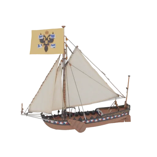 3D модель русской императорской яхты XVIII века со свернутыми парусами и развевающимся Императорским Российским флагом.