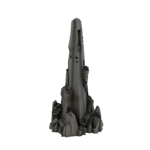 Печатаемая 3D-модель инопланетного минерального шпиля, изометрический рендер STL для настольных игр, показывающий слоистый ка