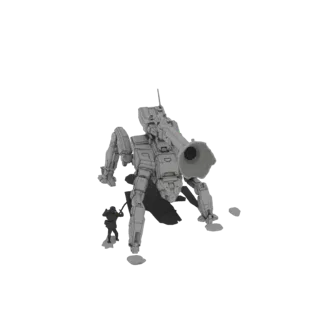 3D модель серого четвероногого меха с большой пушкой, стоящего рядом с маленькой фигуркой солдата на белом фоне.