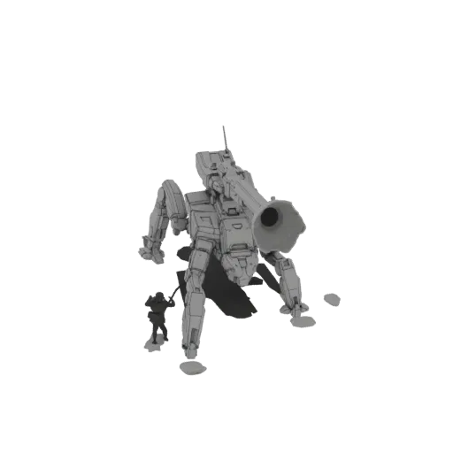 3D модель серого четвероногого меха с большой пушкой, стоящего рядом с маленькой фигуркой солдата на белом фоне.