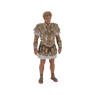 3D модель Александра Великого как древнегреческого воина, в богато украшенных доспехах и белой тунике, стоящего уверенно.