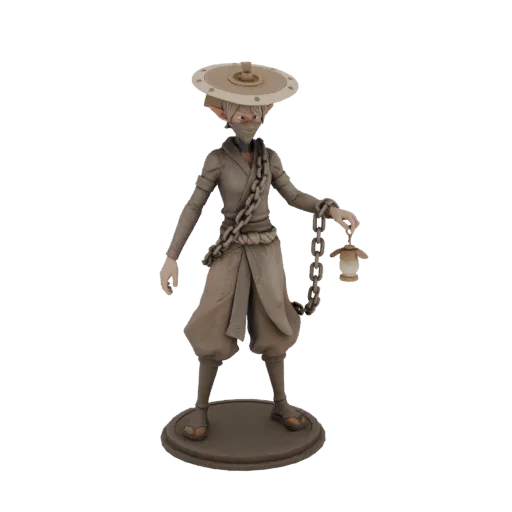 3D модель эльфа-стражника в маске, с цепью и фонарем, стоящего на платформе.