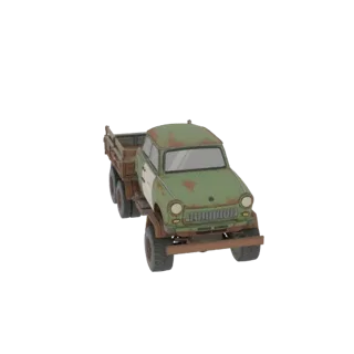 3D модель потрепанного зелено-белого автомобиля Trabant, переделанного в грузовик с деревянным кузовом, с деталями ржавчины.