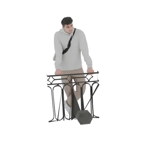 3D модель молодого человека с темными волосами, в светло-серой толстовке и бежевых брюках, опирающегося на черные металлическ