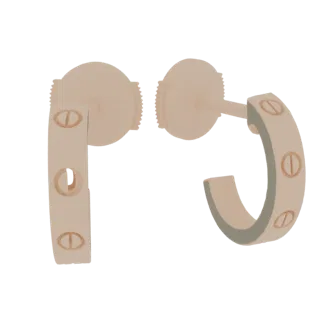 3D модель пары серег-кольца Cartier Love из розового золота с мотивами винта на черном фоне.