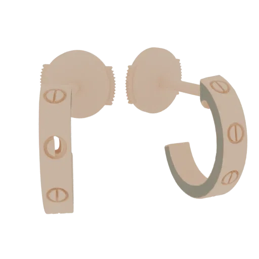 3D модель пары серег-кольца Cartier Love из розового золота с мотивами винта на черном фоне.
