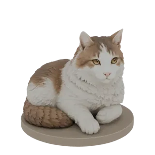 3D модель пушистого кота-полоскуна с коричнево-белой шерстью, сидящего на бежевом пьедестале, вид спереди.