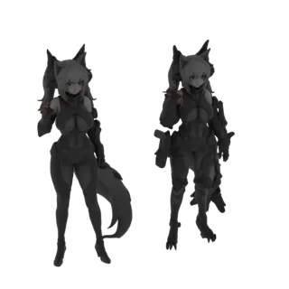 3D model of a cyberpunk fox girl with white hair, fox ears, and dark, armored attire, shown from a three-quarter view.