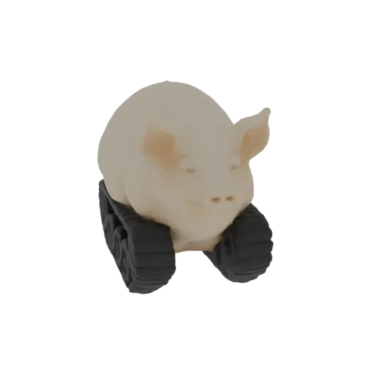 Рендер 3D модели светло-коричневой свиньи с дружелюбным выражением на черных гусеницах, на белом фоне.