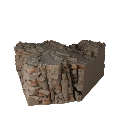 Высокополигональная 3D-модель скалистого каньона, кинематографический рендер окружения крупным планом, показывающий слои почв