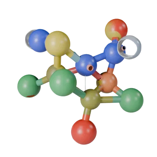 Стилизованная 3D-модель набора органических молекул, стилизованный изометрический рендер, показывающий цветные сферы, компоно