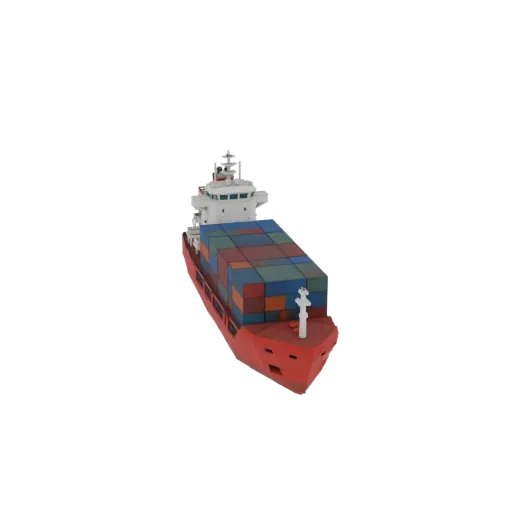 3D модель красного контейнеровоза с разноцветными грузовыми контейнерами, сложенными на палубе, вид под небольшим углом.