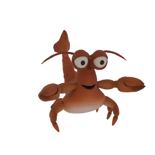 3D-рендер милой оранжевой мультяшной креветки с большими глазами и широкой улыбкой, игриво позирующей на черном фоне.