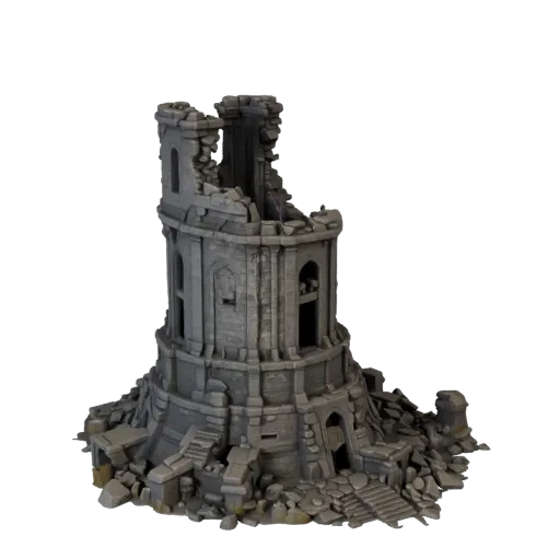 3D модель "База разрушенной башни" Unity, изометрический вид, показывающий старый камень, построенные остатки.