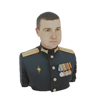 Рендер 3D модели бюста российского военного офицера в темной форме с золотой отделкой и множеством медалей на груди.