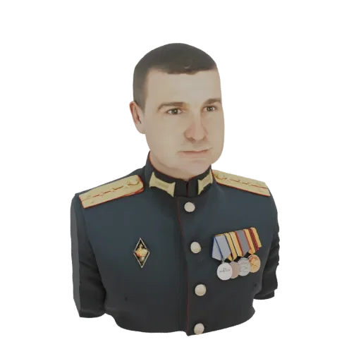 Рендер 3D модели бюста российского военного офицера в темной форме с золотой отделкой и множеством медалей на груди.