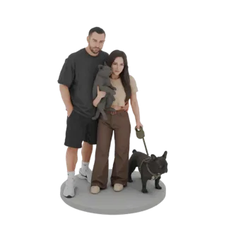 3D модель пары, держащей щенка и стоящей с большим французским бульдогом на круглой подставке.