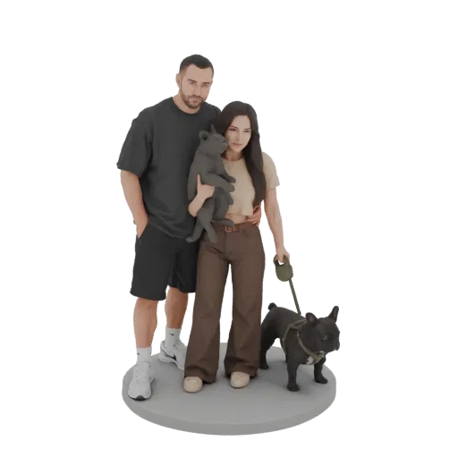 3D модель пары, держащей щенка и стоящей с большим французским бульдогом на круглой подставке.