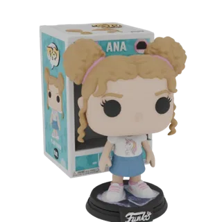 3D-модель Аны в стиле Funko Pop!, одетая в футболку с единорогом и синюю юбку, с блондинистыми волосами в пучках.