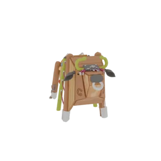 3D модель деревянного бычка с зелеными рогами, цветными лентами и кольцом в носу на белом фоне.