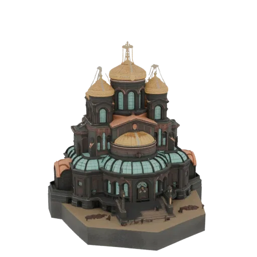 3D модель витиеватого собора с множеством золотых куполов, замысловатыми фасадами и арочными окнами на белом фоне.
