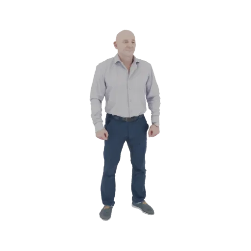 3D модель лысого мужчины в светло-голубой рубашке и синих брюках, стоящего с руками по бокам.