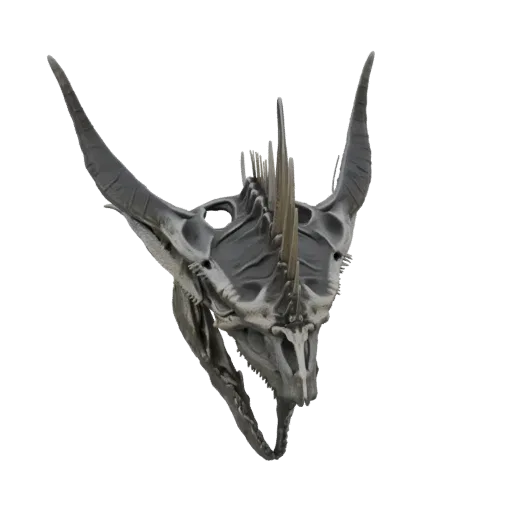 3D модель серого черепа дракона-гаргульи с большими изогнутыми рогами и шипастым гребнем на белом фоне.