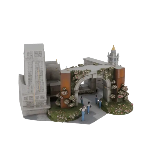 3D модель волшебной арки с розовым садом, миниатюрными фигурками и пышными цветочными украшениями.