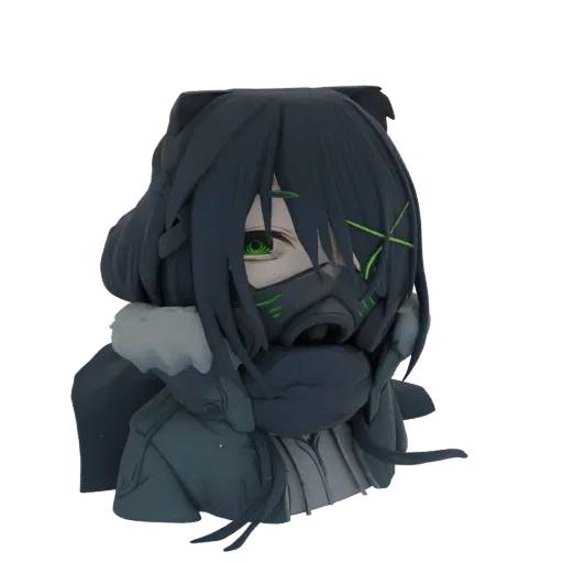 Рендер 3D модели бюста аниме девушки в противогазе и с кошачьими ушками, с зелеными акцентами.