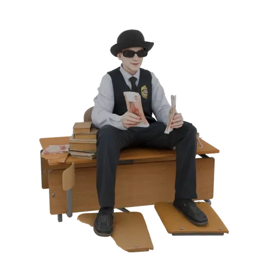 3D модель студента в шляпе и солнцезащитных очках, сидящего на столе, держащего пачки денег.