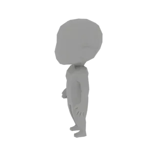 Вид сбоку на серую low-poly 3D модель Чиби персонажа с большой головой и маленьким телом.