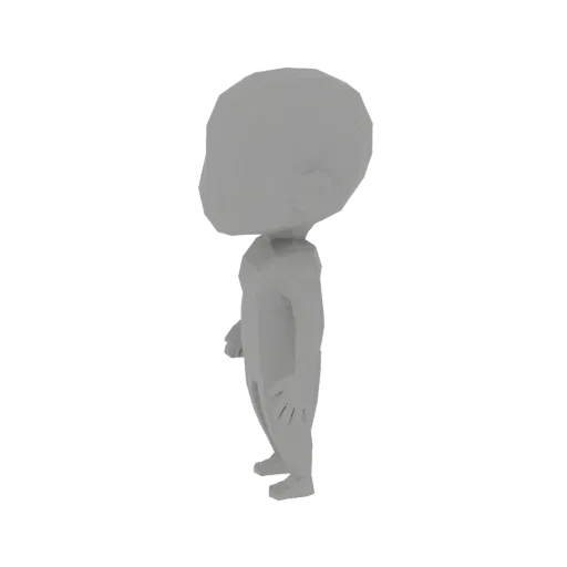 Вид сбоку на серую low-poly 3D модель Чиби персонажа с большой головой и маленьким телом.