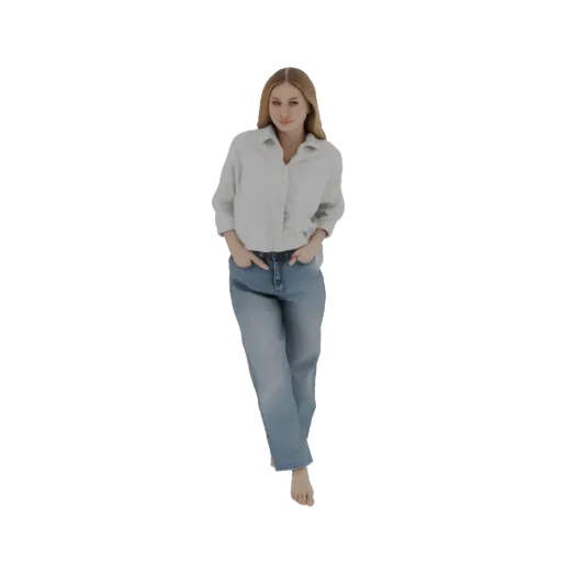 3D модель молодой женщины со светлыми волосами, одетой в светло-голубую рубашку и джинсы, стоящей с руками в карманах.
