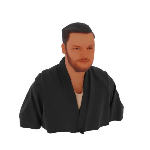 Превью 3D модели бюста мужчины в черном кимоно, с короткими темными волосами и бородой.