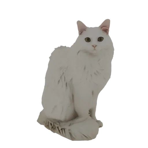 3D модель пушистого белого кота, сидящего с хвостом, обернутым вокруг тела, смотрящего на зрителя.
