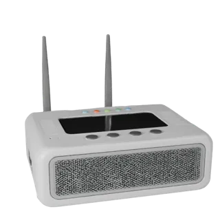3D-модель Router, вид спереди в три четверти, вьюпорт Unity, показывающий белый пластик, компактную геометрию устройства.