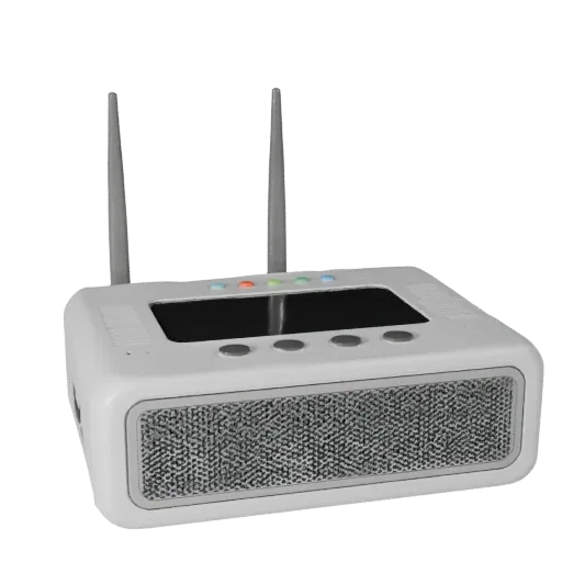 3D-модель Router, вид спереди в три четверти, вьюпорт Unity, показывающий белый пластик, компактную геометрию устройства.