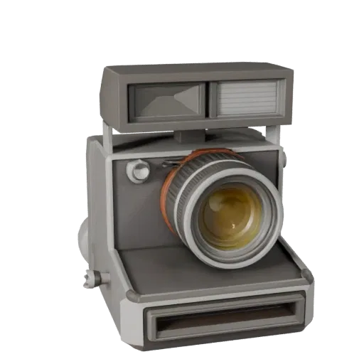 Низкополигональная 3D-модель винтажной моментальной камеры, вид в игровом окне в три четверти, показывающий текстурированные