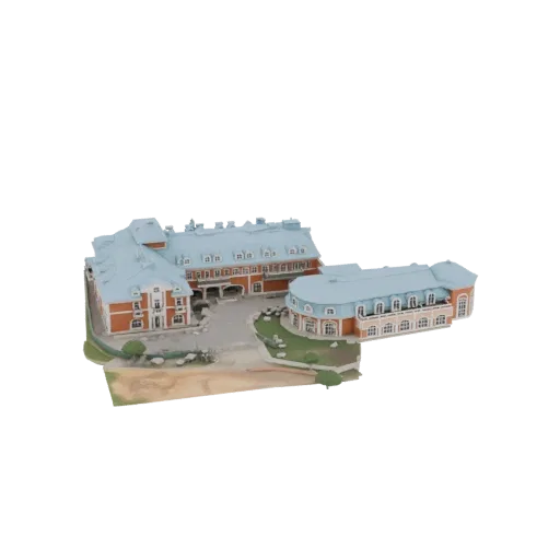 Рендер 3D модели очаровательного европейского отеля с красными кирпичными стенами и синими мансардными крышами на белом фоне.
